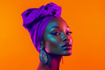 Wall Mural - Trendsetting Woman in Neon Purple Head Wrap with Solid Neon Orange Background Lifestyle Portrait