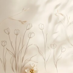 Poster - minimalist floral wallpaper design featuring simple line drawings of tulips loosely scattered on a l