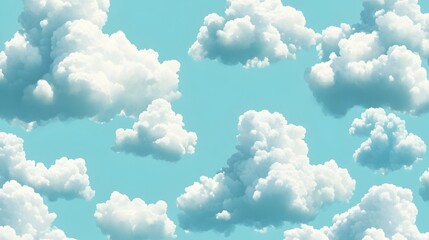 Poster - Fluffy white clouds scattered across a soft pale blue sky background in a seamless repeating wallpaper or digital pattern  The image has a clean simple and minimalist aesthetic