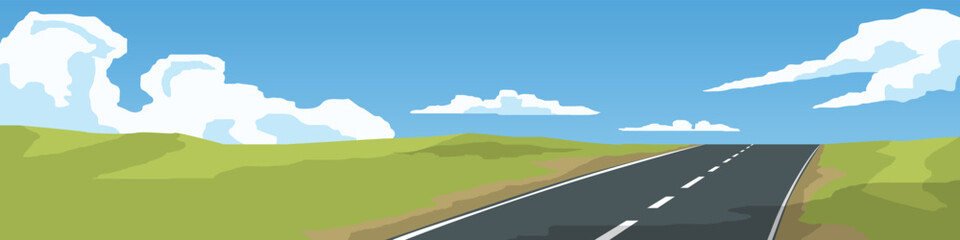 Asphalt road path leading up the hill. Hills and green fields. Vector or illustration transportation and nature. Under blue sky and white clouds. Wide angle view background for banner.