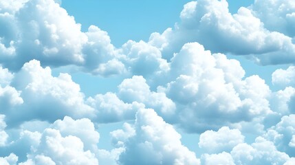 Poster - Soothing and tranquil wallpaper pattern featuring fluffy clouds floating across a serene soft blue sky background  This minimalist and contemporary design creates a calming ethereal atmosphere