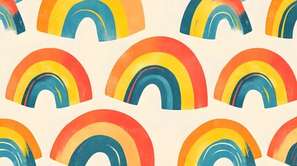 Poster - Stunning wallpaper pattern featuring vibrant rainbow arches across a light pastel background creating a modern minimalist and visually captivating digital art or design element