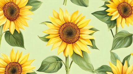 Wall Mural - Cheerful sunflower pattern wallpaper with large vibrant sunflowers against a pale green background  Bright nature inspired floral design with a serene organic aesthetic