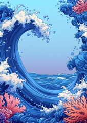 Wall Mural - Vibrant Ocean Waves Forming a Heart Shape Surrounded by Colorful Coral Reefs in an Artistic Blue and Pink Seascape