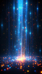 Poster - Bright beams of blue and orange light descend from above, creating a glowing effect against a dark backdrop. Sparkling particles scatter in the air, enhancing the enchanting atmosphere.