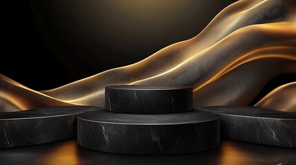 Canvas Print - Black Marble Podium with Golden Abstract Background