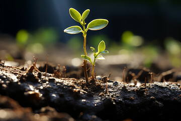 Sticker - Tiny green sprouts growing from cracks in a cracked model Earth. Concept of resilience and renewal. Generative Ai.