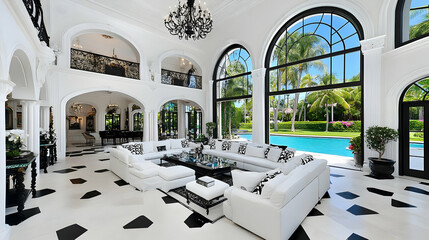 Luxury Living Room with Pool View and Black and White Floor