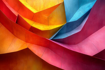 Canvas Print - A vibrant abstract sculpture with intersecting planes of different colors creating a striking visual impact. Concept of three-dimensional color play.