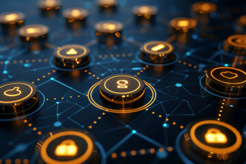 Poster - A digital network displays illuminated icons representing various functions and connectivity. The glowing symbols highlight the theme of technology, integration, and interaction in a modern setting.