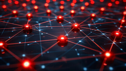 Poster - The artwork illustrates an intricate digital network composed of glowing red nodes connected by bright blue lines. The design evokes a sense of depth and complexity in technology.