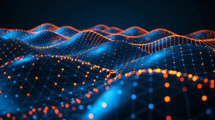 Poster - A stunning visual of flowing wave patterns illuminated in vibrant blue and orange hues. The digital formations create an impression of depth and movement, showcasing an abstract representation.