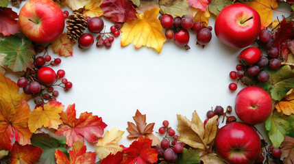 Wall Mural - autumn fruits leaves pine cones fall border background white space for text