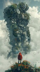 Wall Mural - A Lonely Figure Gazes at a Giant, Overgrown Machine in a Surreal Landscape