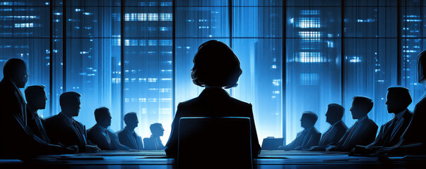 Poster - A woman sits at a table with a group of people. The image is in black and white and the mood is serious