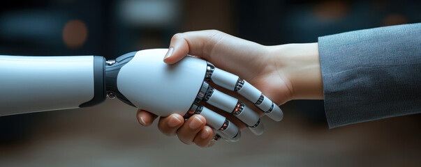 Poster - A robot hand shakes a human hand. The robot is white and the human is wearing a gray jacket