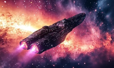 Wall Mural - Spaceship traveling through deep space galaxy with ai generated.
