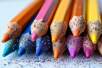 Poster - A set of rainbow-colored pencils scattered on a white surface, ready to bring creativity to life. Concept of artistic tools and potential.