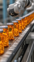 Poster - A conveyor belt with many bottles of pills on it. The bottles are orange and the pills inside are yellow