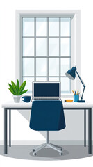 Poster - A desk with a laptop, a cup, a pen, and a plant. The desk is in a window with a view of the outside