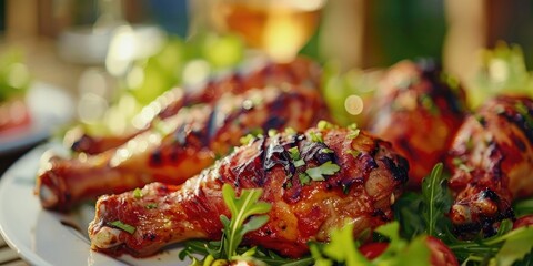 Poster - Close-Up of Marinated Grilled Chicken Legs Served on a Plate in a Natural Environment