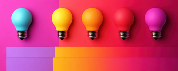 Poster - A row of colorful light bulbs on a pink background. The bulbs are arranged in a row, with the first bulb being blue and the last bulb being red. Concept of creativity and innovation