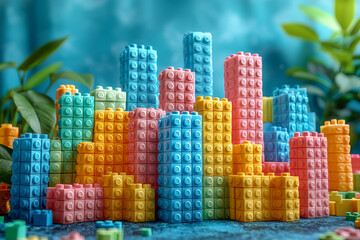 Wall Mural - A playful arrangement of brightly colored plastic building blocks forming a fun and imaginative structure. Concept of creative play with colors.