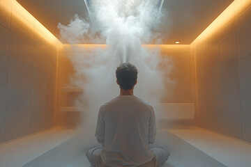 Wall Mural - A person sitting in a steamy bathroom, inhaling steam to relieve nasal congestion. Concept of home remedies for cold symptoms.