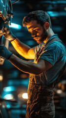 Wall Mural - A man is working on a car in a garage. He is wearing a blue shirt and blue overalls