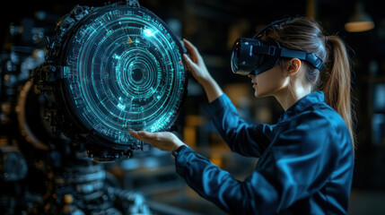 Poster - A woman wearing a virtual reality headset is holding a device that looks like a computer monitor. She is interacting with the screen, possibly playing a video game or working on a project