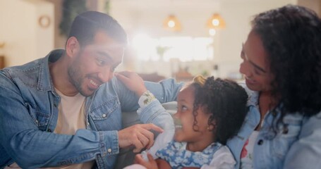 Sticker - Funny, love and tickle with family on sofa in living room of home together for playful bonding. Laughing, happy or smile with mother, father and daughter having fun in apartment on weekend morning