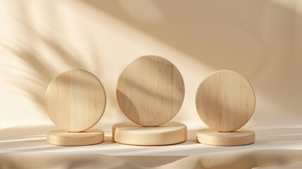 Sticker - Three wooden circles on beige backdrop, display for cosmetics, pedestal, copy space.