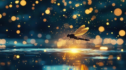 Wall Mural - Dragonfly Emerging from Water with Golden Bokeh Lights