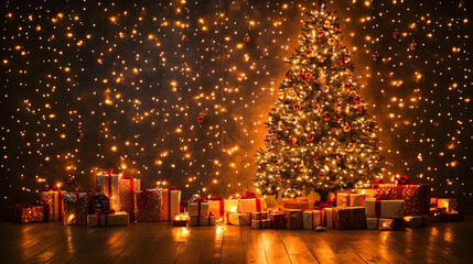 Wall Mural - Christmas Tree Decorated with Lights and Presents