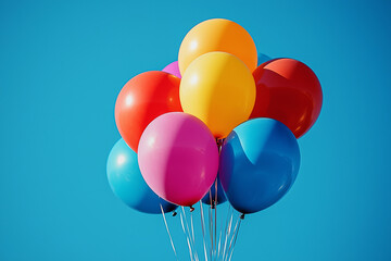 Wall Mural - A group of colorful balloons floating against a clear blue sky, adding cheer to a festive atmosphere. Concept of celebration and joy through color.