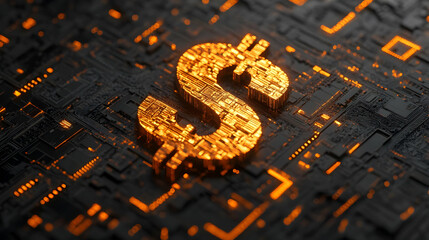 Golden Dollar Symbol on Circuit Board Digital Currency Finance Technology Concept