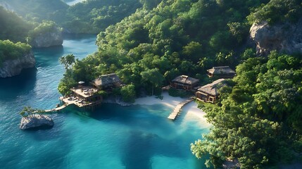 Wall Mural - Aerial view of a tropical island with a beach, clear blue water, and several wooden bungalows nestled amongst lush vegetation.