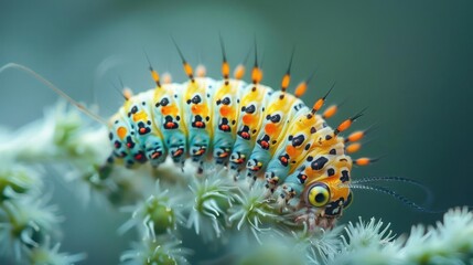 A colorful caterpillar crawling up a plant, featuring bright orange and yellow markings,