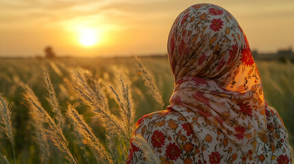 Woman in Floral Headscarf Gazing at Sunset Over Grassland