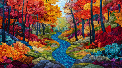 Wall Mural - Autumn River Mosaic Art Abstract Fall Landscape