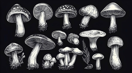 Wall Mural - Hand Drawn Mushroom Illustration Set Vintage Style Sketch of Fungi