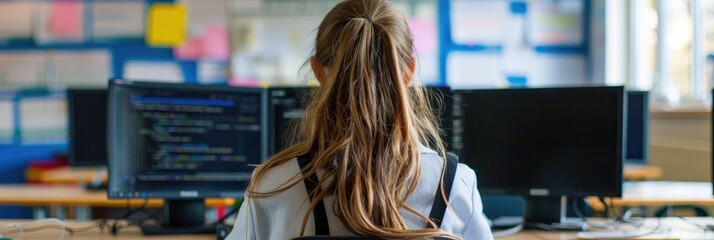Poster - girl in school uniform using a computer from a rear perspective