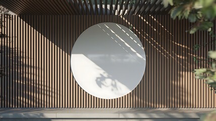 Wall Mural - A wooden wall hosts a circular mockup signboard, awaiting a storefront's branding in a street setting