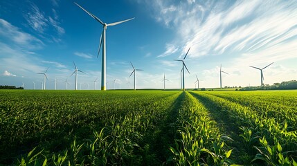 Wind Turbines Spinning in a Lush Green Countryside Landscape Under a Bright Blue Sky