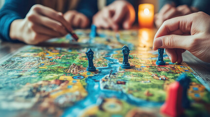 A group of people playing a board game with a map of the world on the table. The game is called Risk and the players are using pieces to represent armies. Scene is competitive and fun