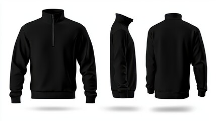 Mockup Black Sweatshirt Half Zip Long Sleeve Front Back Side View Isolated White