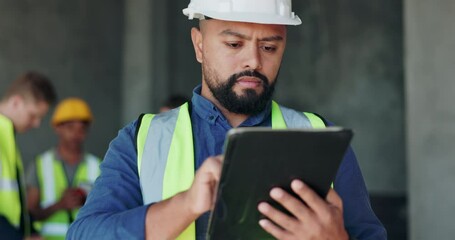 Poster - Industrial, tablet and engineering with man on construction site for project management, property development and building inspection. Architecture, technology and digital blueprint with person