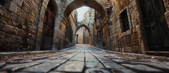 An ancient street in Jerusalem with a stone pavement lit by sunlight, reflecting the historical and cultural legacy.