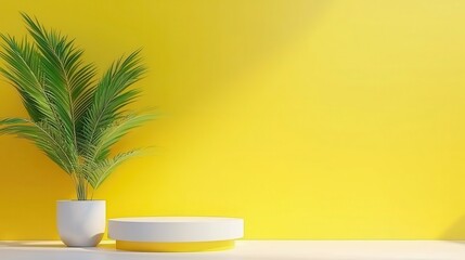 Sticker - Minimalist Yellow Background with White Cylinder and Green Plant