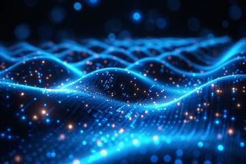 Poster - Global Network Technology Concept with Blue Glowing Dots on Dark Starry Night Sky